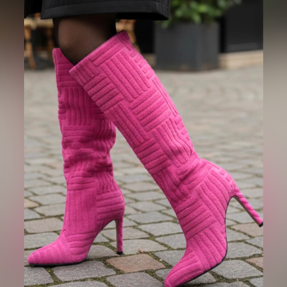 Pink Textured Knee-High Boots - Women